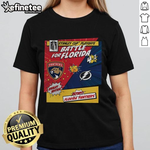 Official Florida Panthers vs Tampa Bay Lightning 2025 Stanley Cup Playoffs rivalry comic pop ladies tee design.