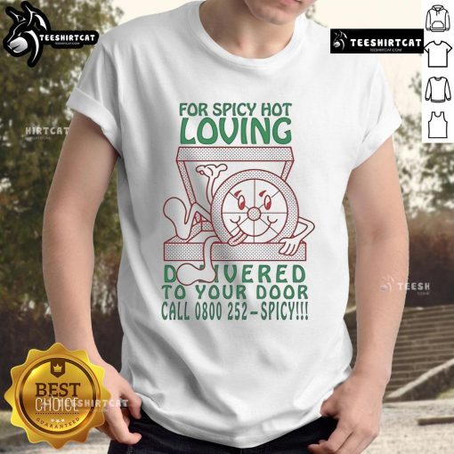 Spicy Hot Loving T-Shirt featuring 'Call 0800 252-Spicy' slogan, perfect for spice lovers and food enthusiasts.