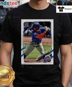 Alt Text: Official Francisco Lindor New York Mets Homage 2021 Topps baseball card player t-shirt featuring vibrant team graphics.