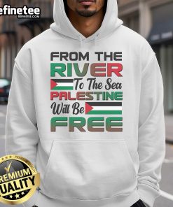 Alt Text: Black hoodie featuring the slogan From The River To The Sea, Palestine Will Be Free in bold white letters.