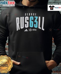 Official George Russell AMG Petronas Formula One Team hoodie featuring team colors and logo, perfect for racing fans.