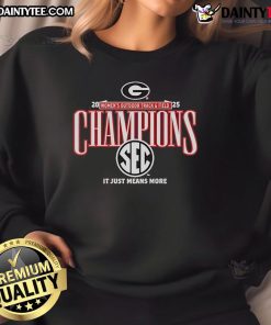 Official Georgia Bulldogs 2025 SEC Women's Outdoor Track Field Champions sweatshirt in red and black design.