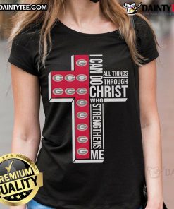 Official Georgia Bulldogs I Can Do All Things Through Christ Ladies Tee featuring team colors and logo.