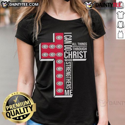 Official Georgia Bulldogs I Can Do All Things Through Christ Ladies Tee featuring team colors and logo.