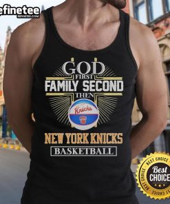 Official God First Family Second New York Knicks basketball tank top featuring bold graphics and a stylish design.
