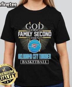 Official God First Family Second Tee for Ladies featuring Oklahoma City Thunder Basketball design in vibrant colors.