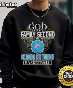 Alt Text: Official God First Family Second Oklahoma City Thunder basketball sweatshirt in vibrant colors, perfect for fans.