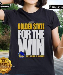 Official Golden State Warriors 'For The Win' 2025 NBA Playoffs ladies tee featuring vibrant team colors and logo.