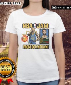 Official Golden State Warriors Stephen Curry Homage Royal NBA Jam Ladies Tee featuring vibrant team colors and design.