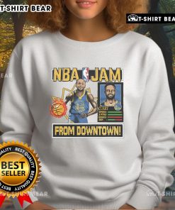 Alt Text: Official Golden State Warriors Stephen Curry Homage Royal NBA Jam Sweatshirt showcasing vibrant team colors and logo.