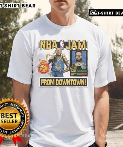 Alt Text: Official Golden State Warriors Stephen Curry homage T-shirt in royal blue, featuring NBA Jam graphics and logo.
