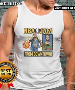 Stephen Curry wearing the Official Golden State Warriors NBA Jam Tank Top in royal blue, showcasing team spirit and style.
