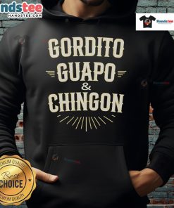Official Gordito Guapo and Chingon hoodie displayed on a model, showcasing its trendy design and comfortable fit.