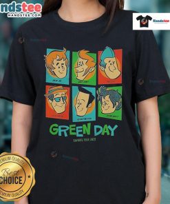 Alt Text: Official Green Day Saviors Tour 2025 Meet the Full Band Ladies Tee featuring vibrant band graphic and tour details.