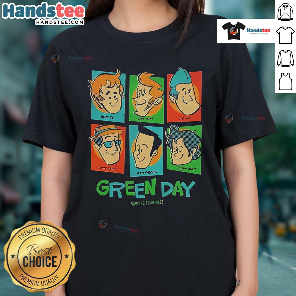 Official Green Day Saviors Tour 2025 Meet The Full Band Ladies Tee Alt Text: Official Green Day Saviors Tour 2025 Meet the Full Band Ladies Tee featuring vibrant band graphic and tour details.