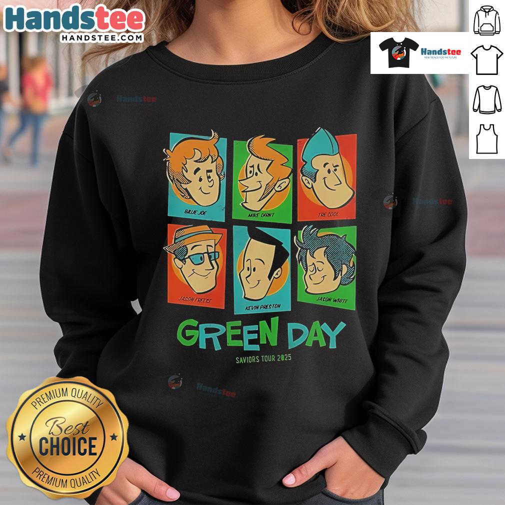Official Green Day Saviors Tour 2025 Meet The Full Band Sweatshirt Official Green Day Saviors Tour 2025 sweatshirt featuring the full band logo and vibrant design.