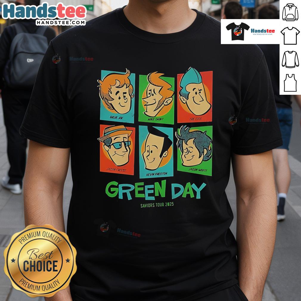 Official Green Day Saviors Tour 2025 Meet The Full Band T Shirt Alt Text: Official Green Day Saviors Tour 2025 Meet The Full Band T-Shirt featuring vibrant band graphics and tour details.