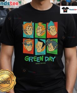 Alt Text: Official Green Day Saviors Tour 2025 Meet The Full Band T-Shirt featuring vibrant band graphics and tour details.
