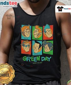 Green Day Saviors Tour 2025 tank top featuring the full band, perfect for fans and concert-goers.