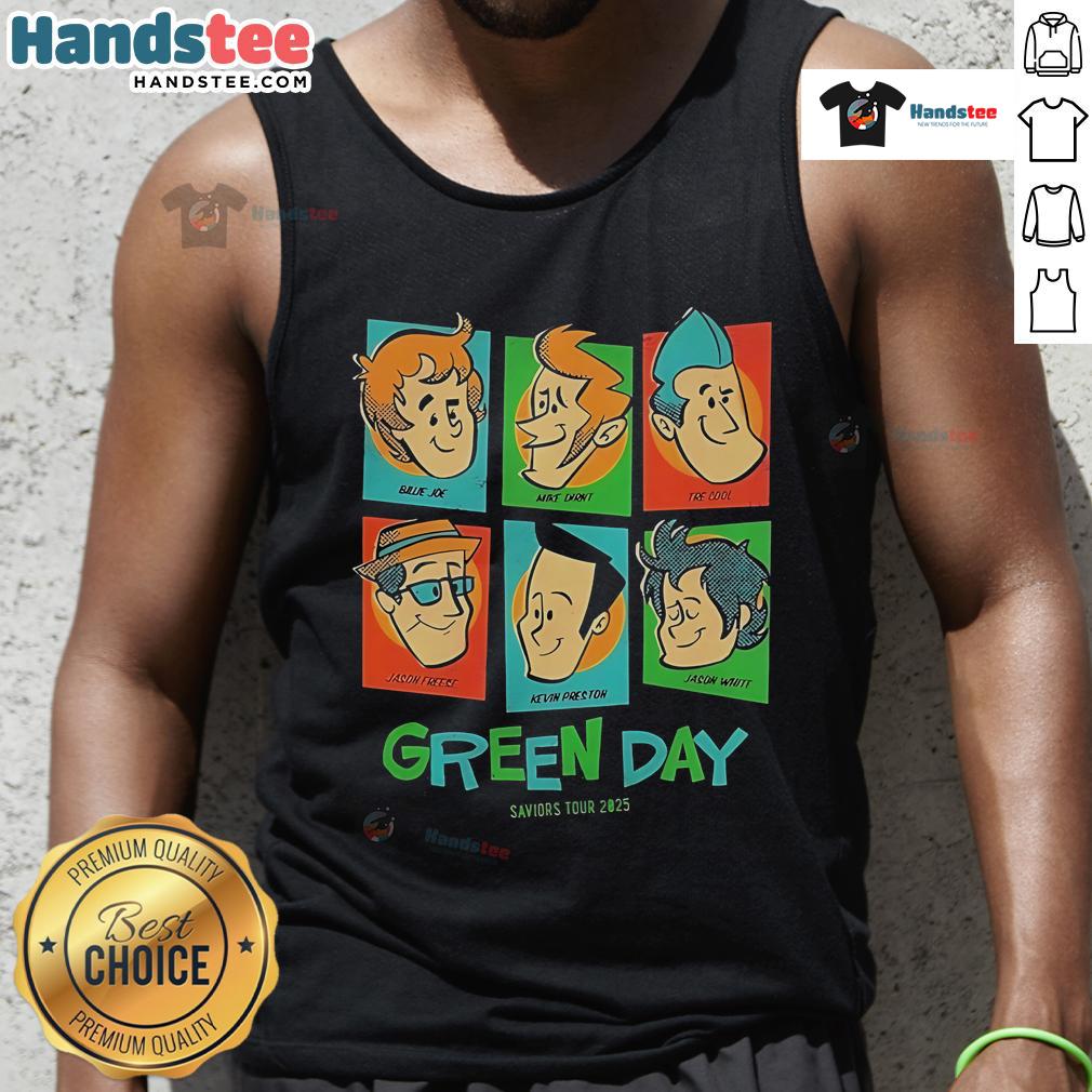 Official Green Day Saviors Tour 2025 Meet The Full Band Tank Top Green Day Saviors Tour 2025 tank top featuring the full band, perfect for fans and concert-goers.
