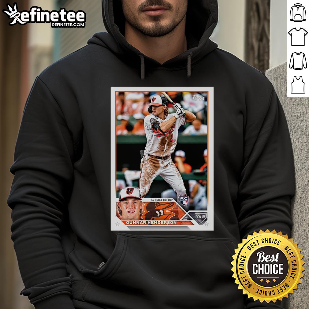 Official Gunnar Henderson Baltimore Orioles 2023 Topps Baseball Card Player Hoodie Alt Text: Official Gunnar Henderson Baltimore Orioles 2023 Topps baseball card displayed on a stylish player hoodie.