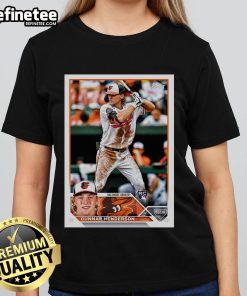 Official Gunnar Henderson Baltimore Orioles 2023 Topps baseball card featured on a stylish ladies tee.