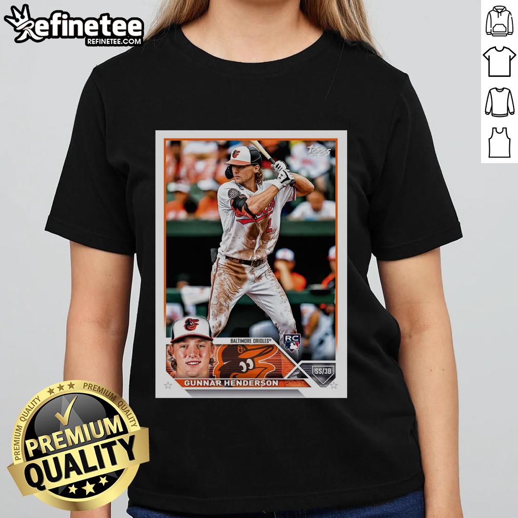 Official Gunnar Henderson Baltimore Orioles 2023 Topps Baseball Card Player Ladies-Tee Official Gunnar Henderson Baltimore Orioles 2023 Topps baseball card featured on a stylish ladies tee.