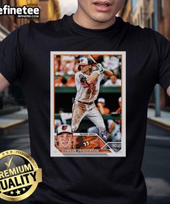 Official Gunnar Henderson Baltimore Orioles 2023 Topps baseball card t-shirt featuring vibrant graphics and player details.