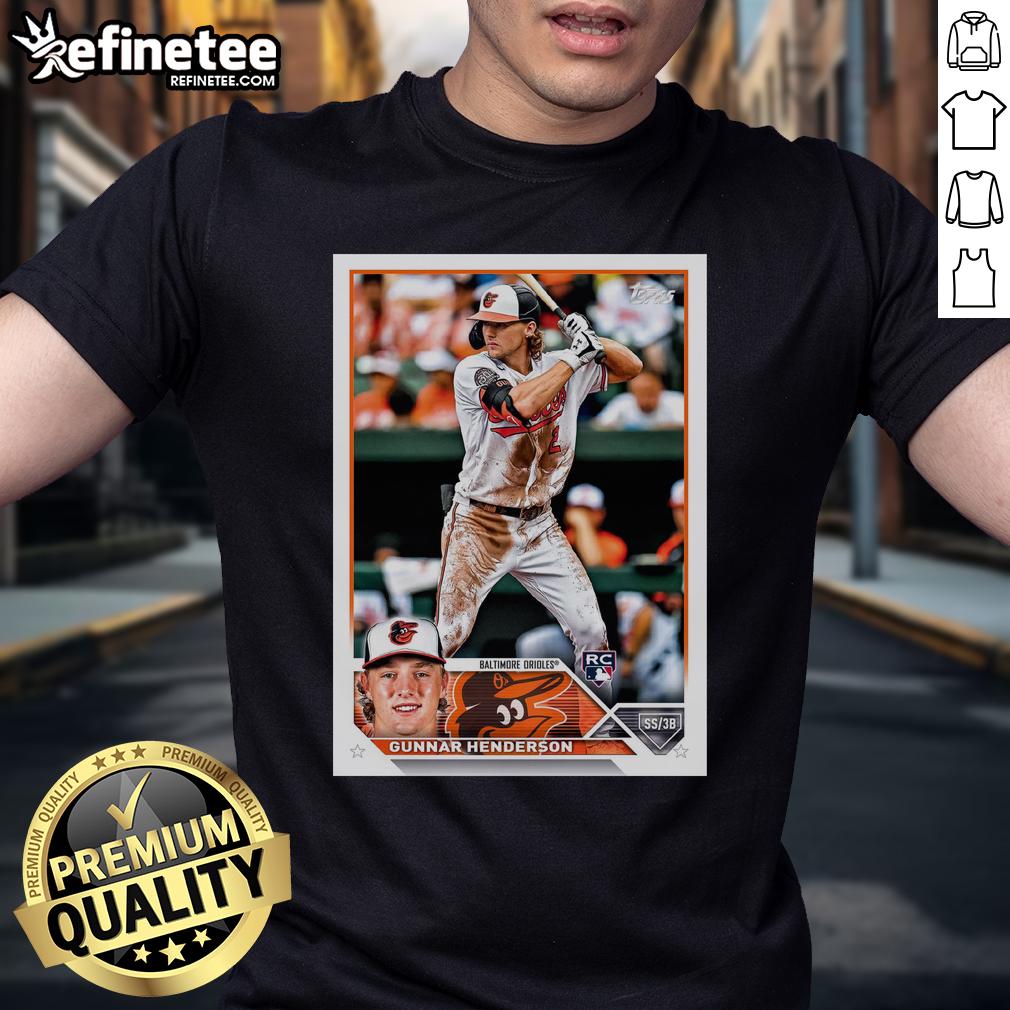 Official Gunnar Henderson Baltimore Orioles 2023 Topps Baseball Card Player T-Shirt Official Gunnar Henderson Baltimore Orioles 2023 Topps baseball card t-shirt featuring vibrant graphics and player details.