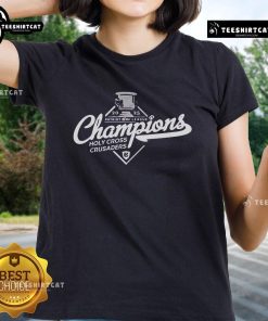 Official Holy Cross Crusaders 2025 Patriot League Champions trophy logo on a ladies tee, celebrating athletic success.