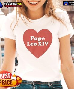 Alt Text: Official I Heart Love Pope Leo XIV ladies tee featuring a stylish design and vibrant colors for devoted fans.