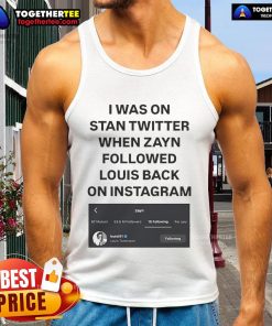 Fan wearing 'Louist91' tank top celebrating Zayn following Louis on Instagram during a Twitter moment.