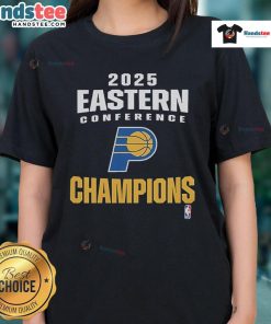 Official Indiana Pacers 2025 NBA Eastern Conference Champions locker room ladies tee featuring team logo and vibrant colors.