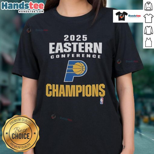 Official Indiana Pacers 2025 NBA Eastern Conference Champions locker room ladies tee featuring team logo and vibrant colors.