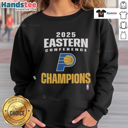 Official Indiana Pacers 2025 NBA Eastern Conference Champions locker room sweatshirt in blue and gold.