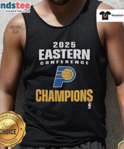 Official Indiana Pacers 2025 NBA Eastern Conference Champions locker room tank top featuring team logo and vibrant colors.