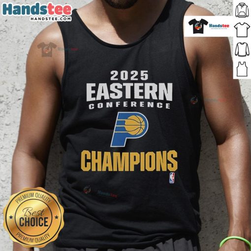 Official Indiana Pacers 2025 NBA Eastern Conference Champions locker room tank top featuring team logo and vibrant colors.
