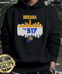 Official Indiana Pacers Cities The 317 NBA Playoffs 2025 Skyline Hoodie featuring vibrant skyline design.