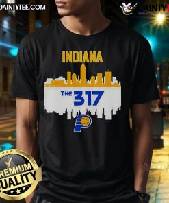 Alt Text: Official Indiana Pacers Cities The 317 NBA Playoffs 2025 Skyline T-Shirt showcasing a vibrant skyline design.