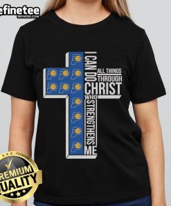 Official Indiana Pacers ladies tee featuring 'I Can Do All Things Through Christ' design with a cross graphic.