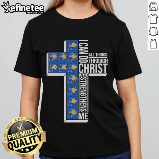 Official Indiana Pacers ladies tee featuring 'I Can Do All Things Through Christ' design with a cross graphic.