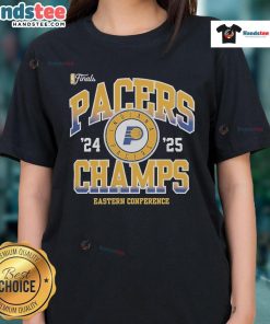 Alt Text: Official Indiana Pacers NBA Finals 2024-2025 Pride Eastern Conference Champions ladies tee in vibrant colors.