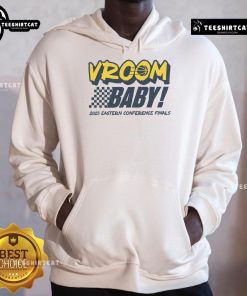 Alt Text: Official Indiana Pacers Vroom Baby 2025 Eastern Conference Finals hoodie displayed on a hanger, featuring team colors and logo.