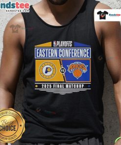Official Indiana Pacers vs New York Knicks 2025 Eastern Conference Finals NBA Playoffs matchup tank top design.