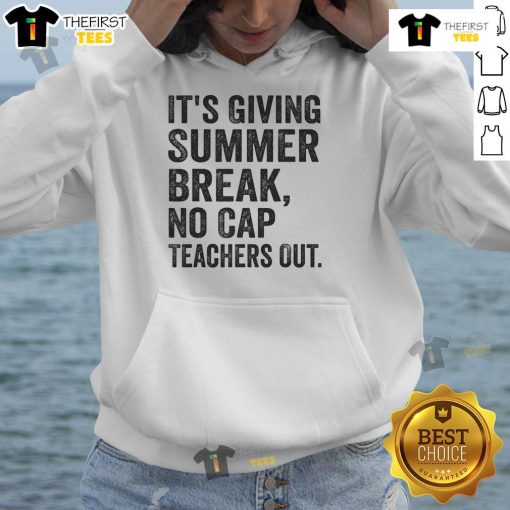Alt Text: Teachers wearing 'It's Giving Summer Break No Cap' hoodies at the end of school celebration.