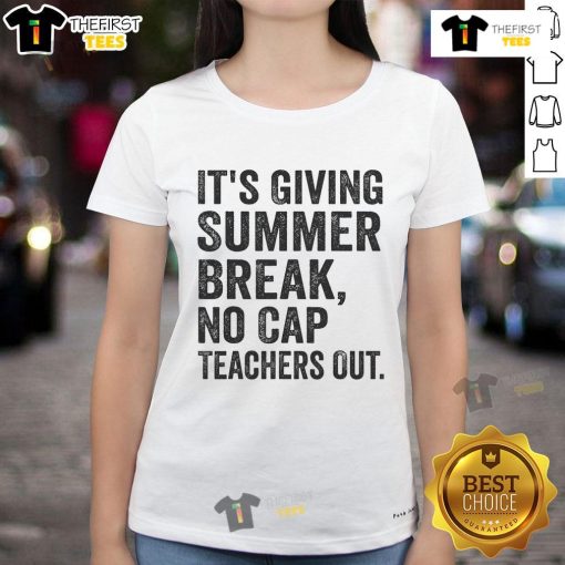 Alt Text: Official 'It's Giving Summer Break No Cap' Teachers Out End of School Ladies Tee featuring vibrant summer colors.