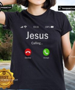 Alt Text: Official Jesus Is Calling Christian Ladies Tee in vibrant colors, perfect for expressing faith and style.