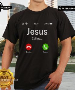 Official Jesus Is Calling Christian T-Shirt featuring bold text and a stylish design for faith-inspired fashion.