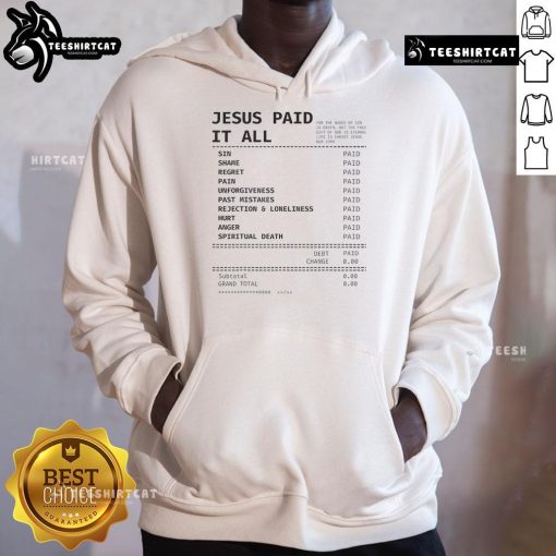 Official Jesus Paid It All Receipt Hoodie in black, showcasing a stylish design with a faith-inspired message.