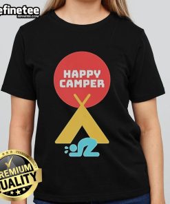 Official Jim Gaffigan Happy Camper 2025 Ladies Tee featuring a fun graphic design for comedy fans and stylish comfort.